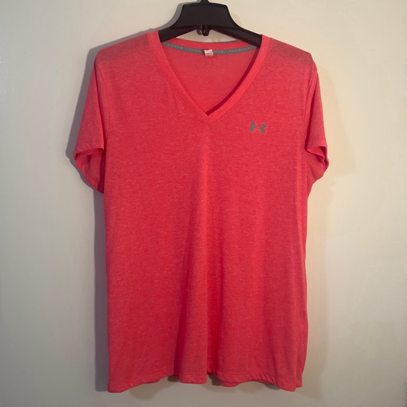 Under Armour HeatGear Threadborne V-Neck T-Shirt Women’s XL Coral Pink - Picture 1 of 6